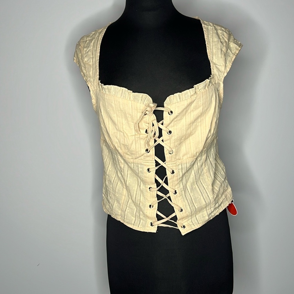 CIDER Women’s Khaki Lace Up Corset Cap Sleeve Top Size L
